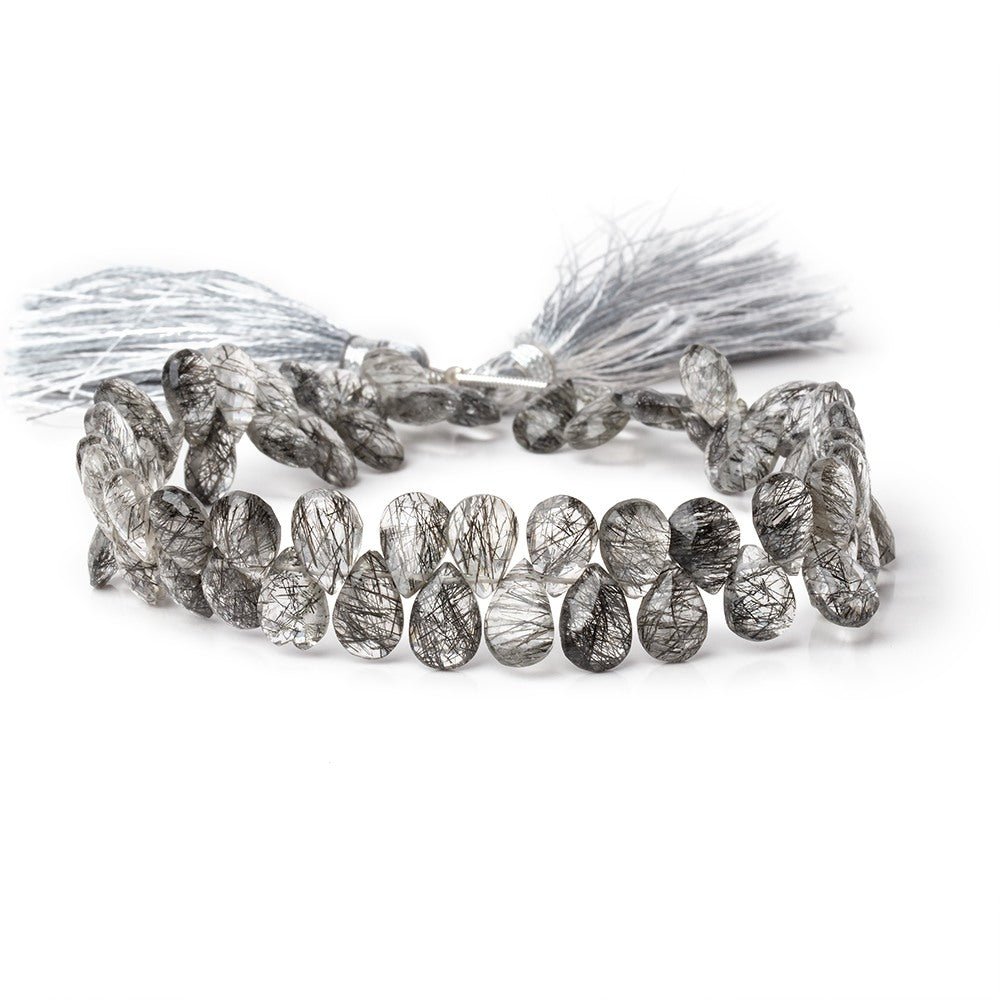 9-10mm Black Tourmalinated Quartz Faceted Pear Beads 8 inch 60 pieces - Beadsofcambay.com