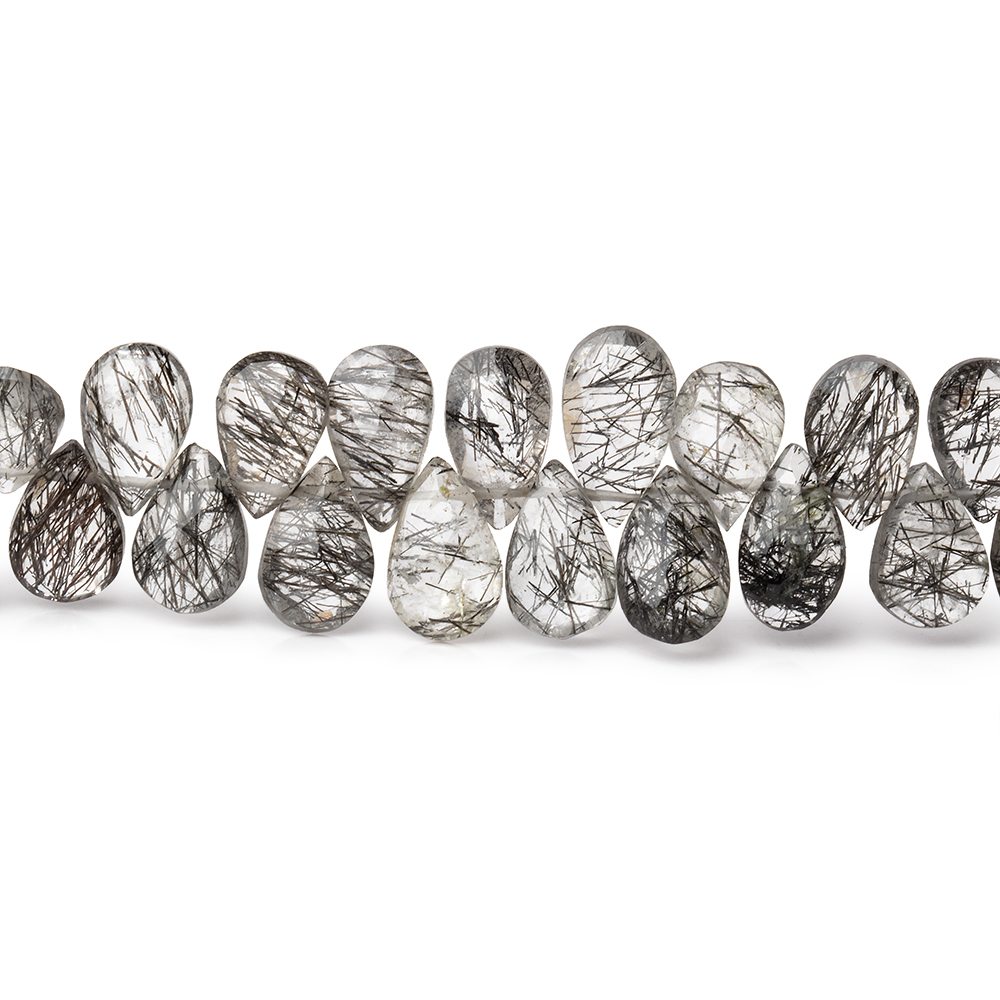 9-10mm Black Tourmalinated Quartz Faceted Pear Beads 8 inch 60 pieces - Beadsofcambay.com