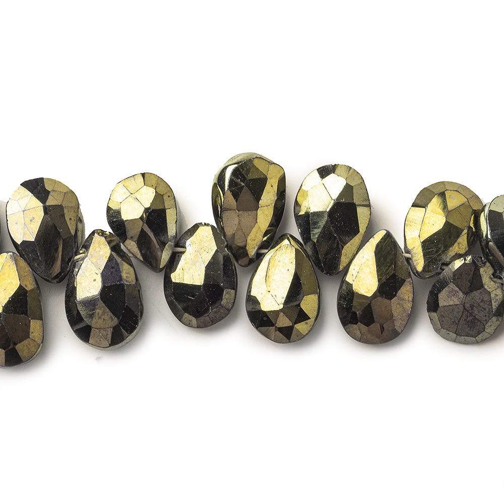 9 - 11mm Golden Metallic Black Spinel Faceted Pear Beads 8 inch 49 pieces - Beadsofcambay.com