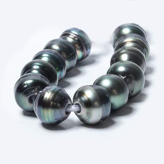 9-9.5mm Pistachio Silver Tahitian Saltwater Ringed Large Hole Pearls 10 pieces - Beadsofcambay.com