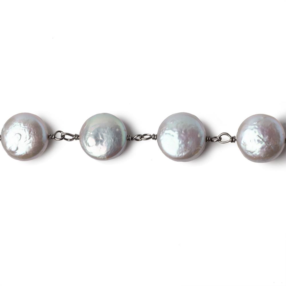 9-9.5mm Silver iridescent Coin Pearl Black Gold .925 Chain by the foot 20 pearls A Quality - Beadsofcambay.com