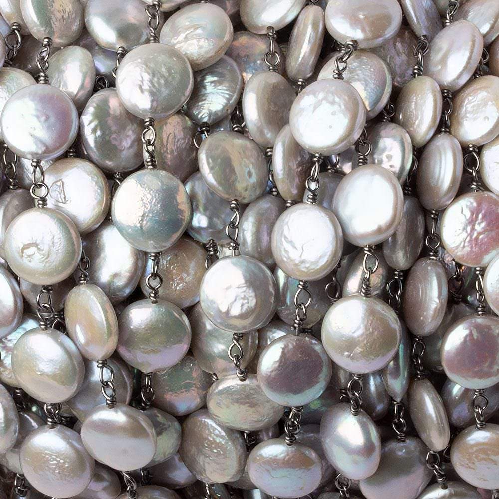 9-9.5mm Silver iridescent Coin Pearl Black Gold .925 Chain by the foot 20 pearls A Quality - Beadsofcambay.com