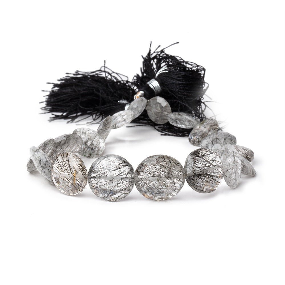 9.5-15mm Black Tourmalinated Quartz Faceted Coin Beads 8.5 inch 18 pieces - Beadsofcambay.com