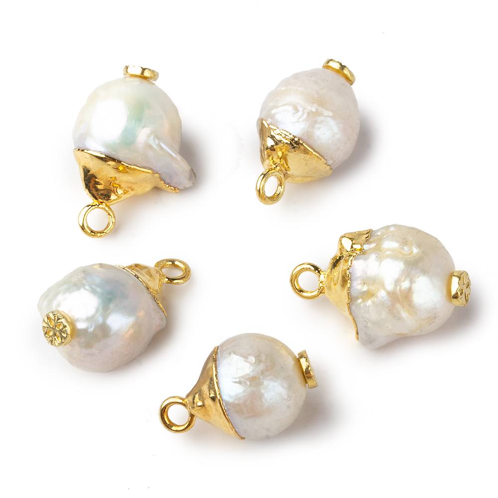 9.5mm Gold Leafed White Round Freshwater Pearl Pendant Focal Bead 1 piece - Beadsofcambay.com