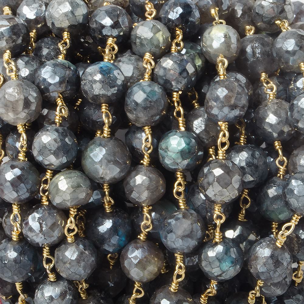 9.5mm Mystic Labradorite faceted round Gold plated Chain by the foot 18 pcs - Beadsofcambay.com