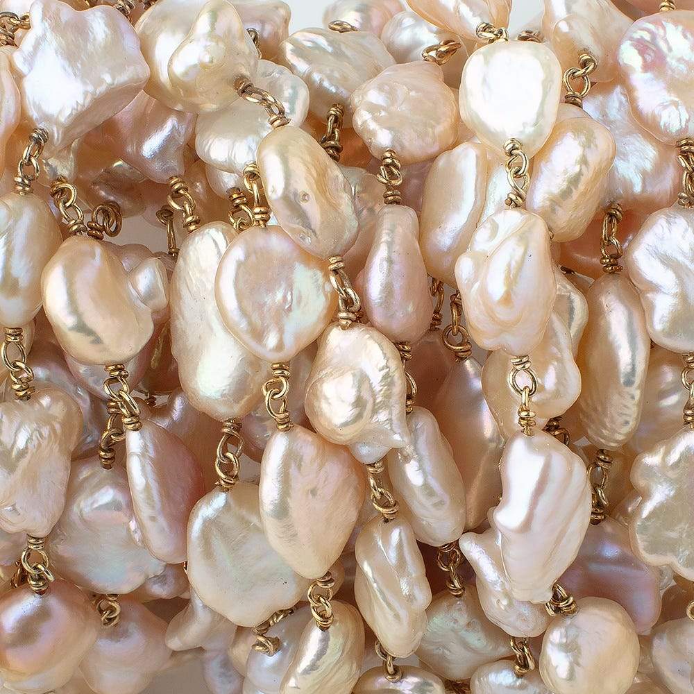 9.5x9.5-12x9mm Peach Keshi Pearls on Vermeil Chain by the Foot 17 pieces - Beadsofcambay.com