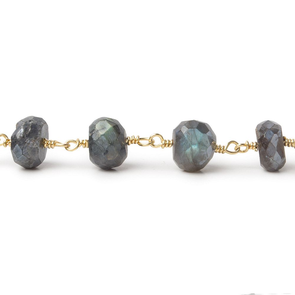 9mm Mystic Labradorite faceted rondelle Gold Chain by the foot 22 pcs - Beadsofcambay.com