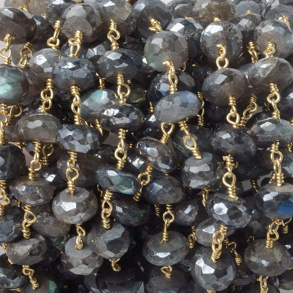 9mm Mystic Labradorite faceted rondelle Gold Chain by the foot 22 pcs - Beadsofcambay.com
