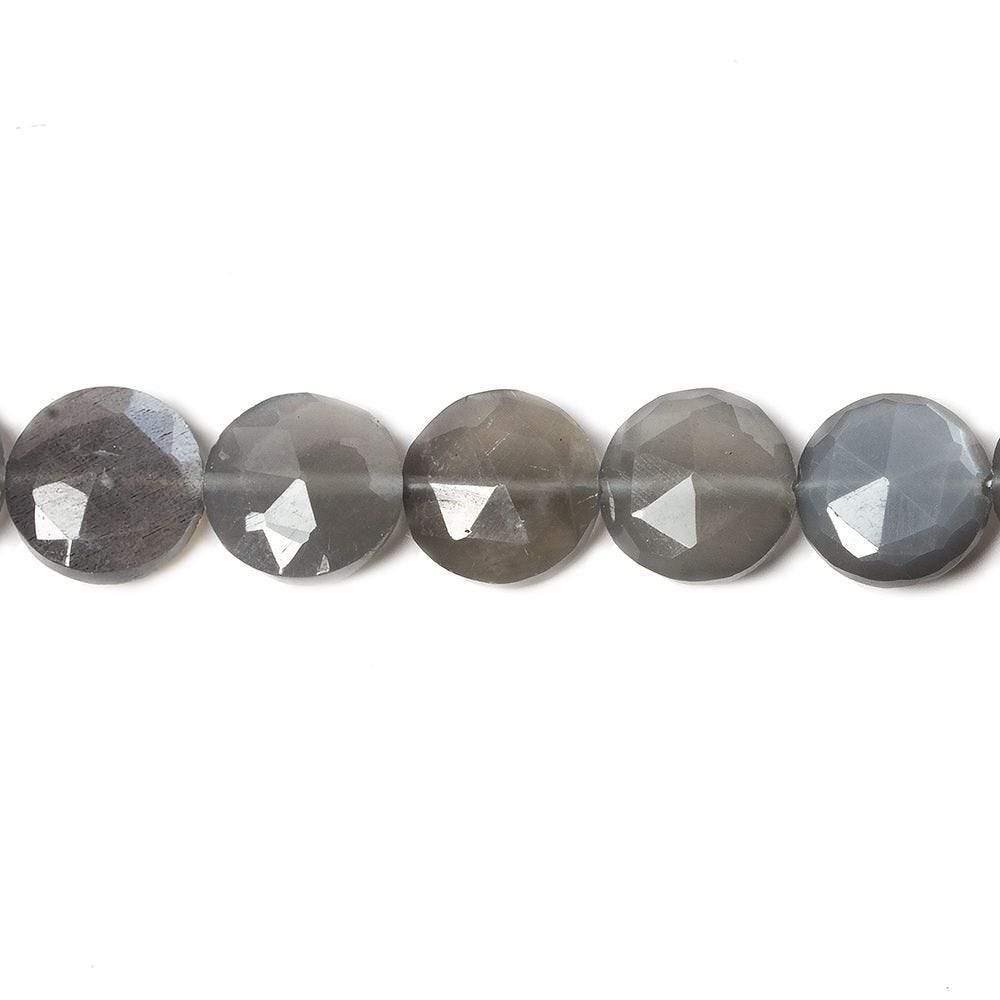 9mm Platinum Dark Grey Moonstone faceted coin beads 8 inch 23 pieces - Beadsofcambay.com