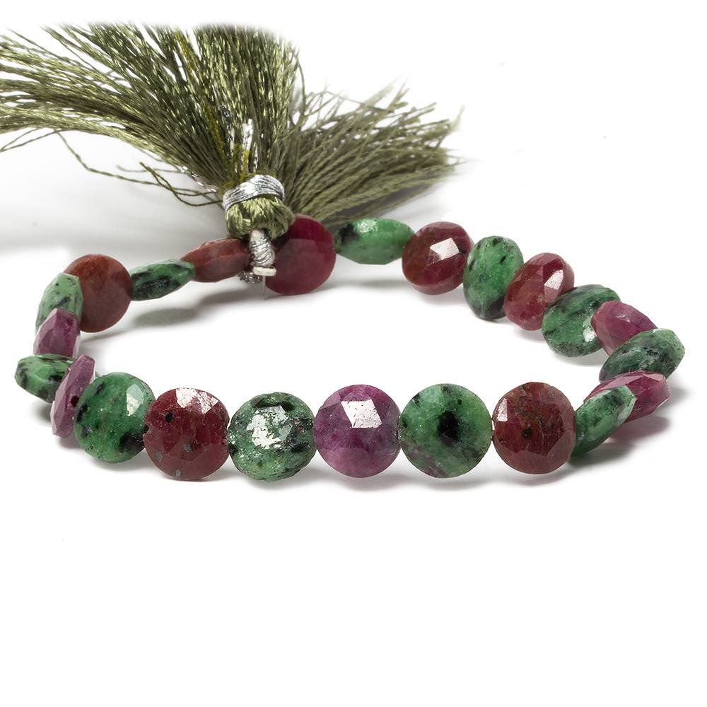 9mm Ruby in Zoisite faceted coin beads 8 inch 23 pieces - Beadsofcambay.com