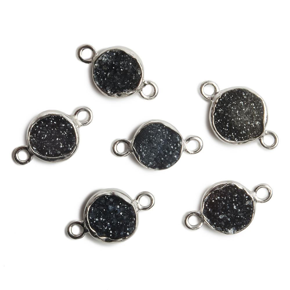 9mm Silver Bezel Black Drusy Coin 2 ring Charm Connector 1 piece - Beadsofcambay.com