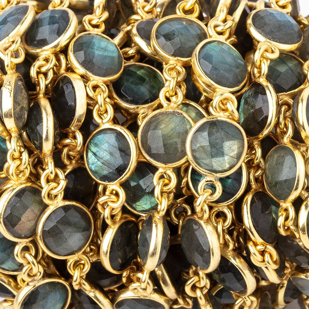 9mm Vermeil Bezeled Labradorite faceted Coin Chain by the foot 18 beads - Beadsofcambay.com