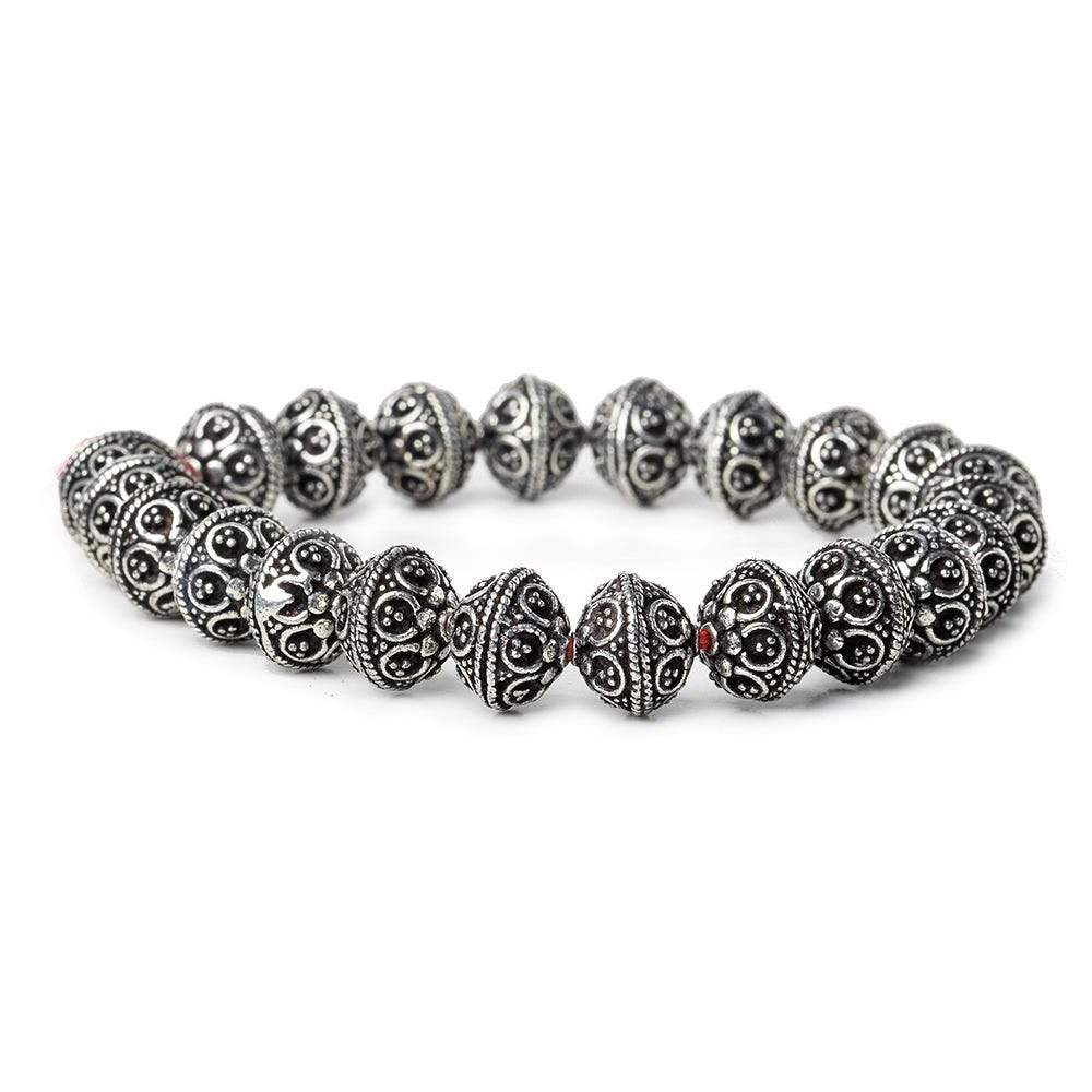 9x10mm Antiqued Sterling Silver Plated Copper Moroccan Round 8 inch 22 pcs - Beadsofcambay.com