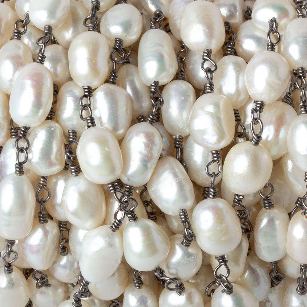 9x6-10x7mm Off White Baroque Pearl Black Gold plated Chain by the foot 18 pcs - Beadsofcambay.com