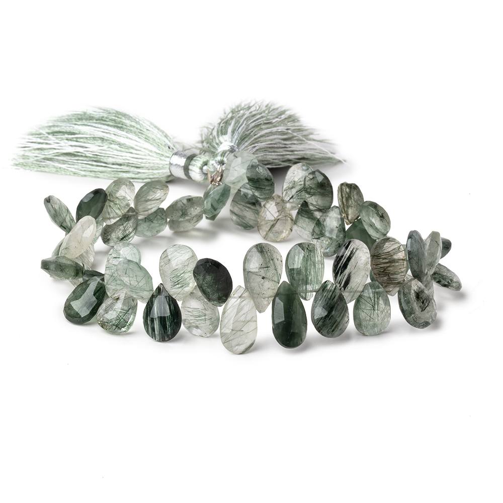 9x6-12x7mm Green Tourmalinated Quartz Faceted Pear Beads 7.5 inch 46 pieces - Beadsofcambay.com