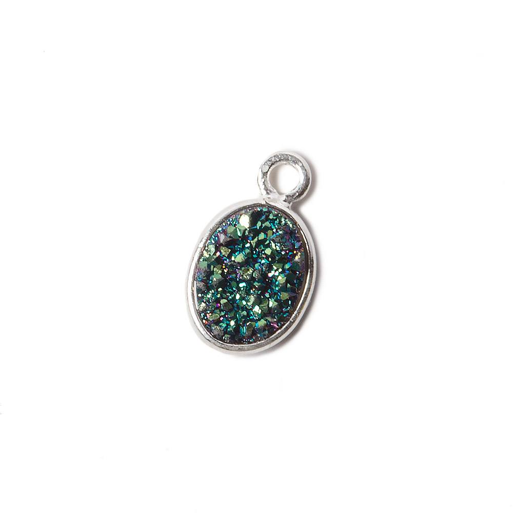 9x6mm Silver .925 Bezel Mystic Mermaid Green Drusy Oval Pendant 1 piece - Beadsofcambay.com