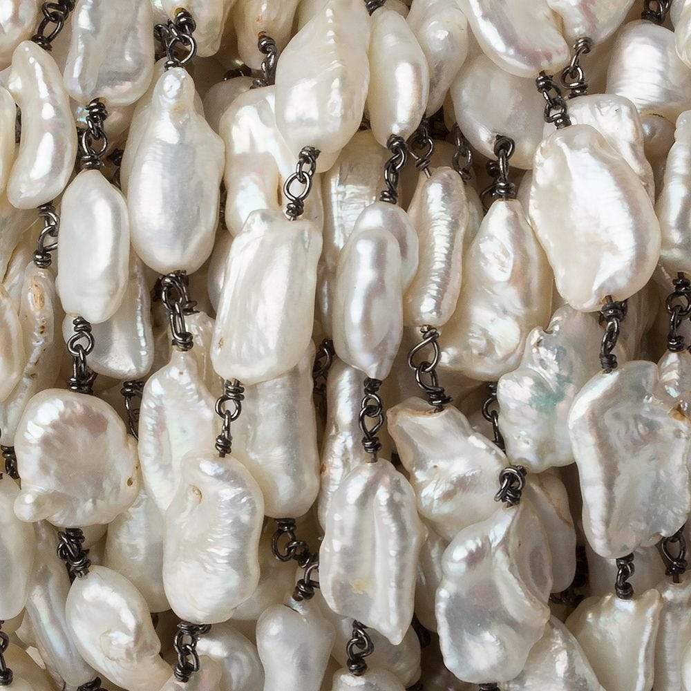 9x7-15x11mm Cream Keshi & Biwa Pearl Black Gold .925 Silver Chain by the foot 14 pcs - Beadsofcambay.com