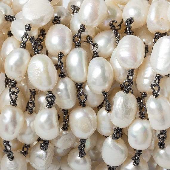 9x7mm Cream Straight Baroque Pearl Black Gold Plated Chain by the foot 19 beads - Beadsofcambay.com