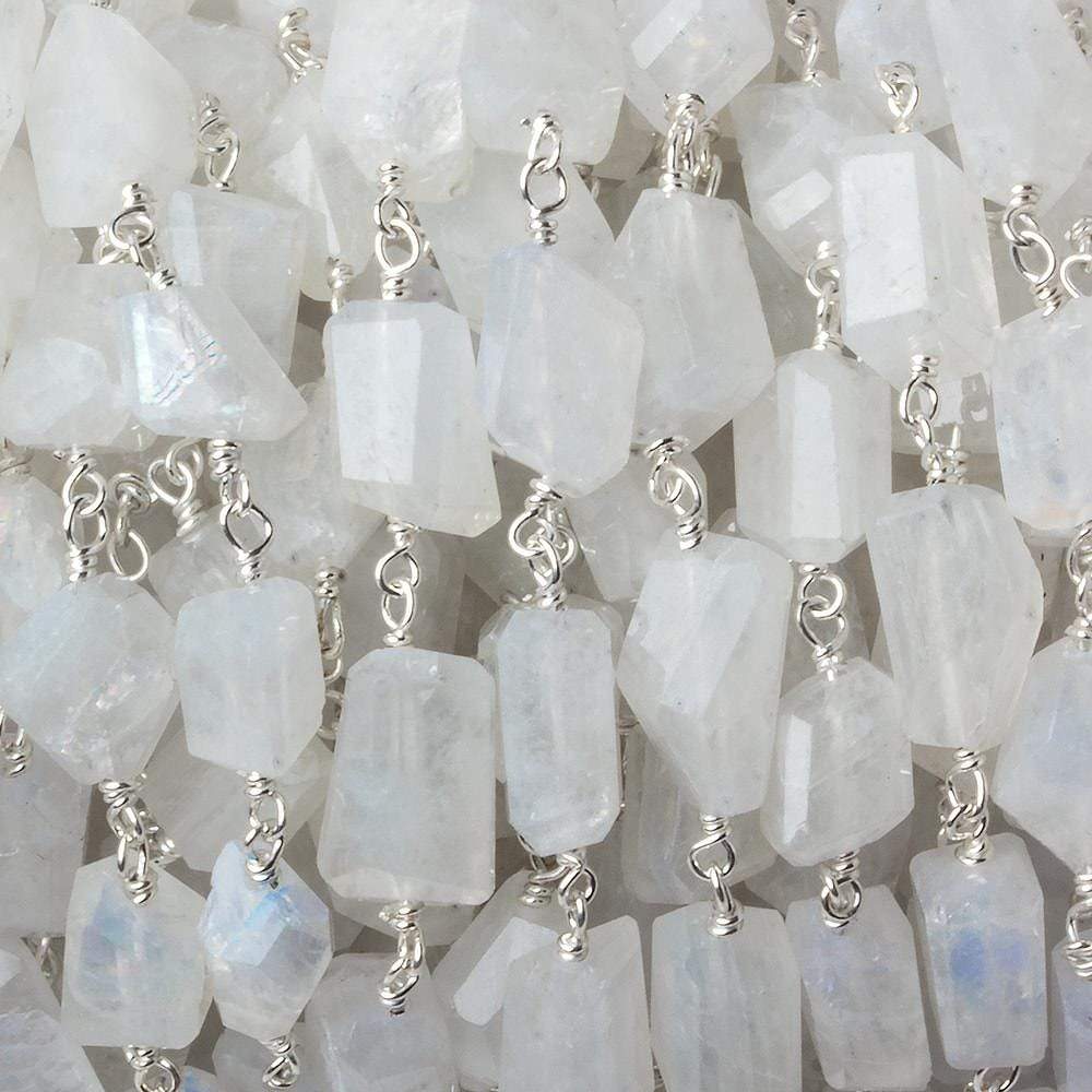 9x7mm Rainbow Moonstone faceted nugget .925 Silver Chain by the foot 22 pieces - Beadsofcambay.com