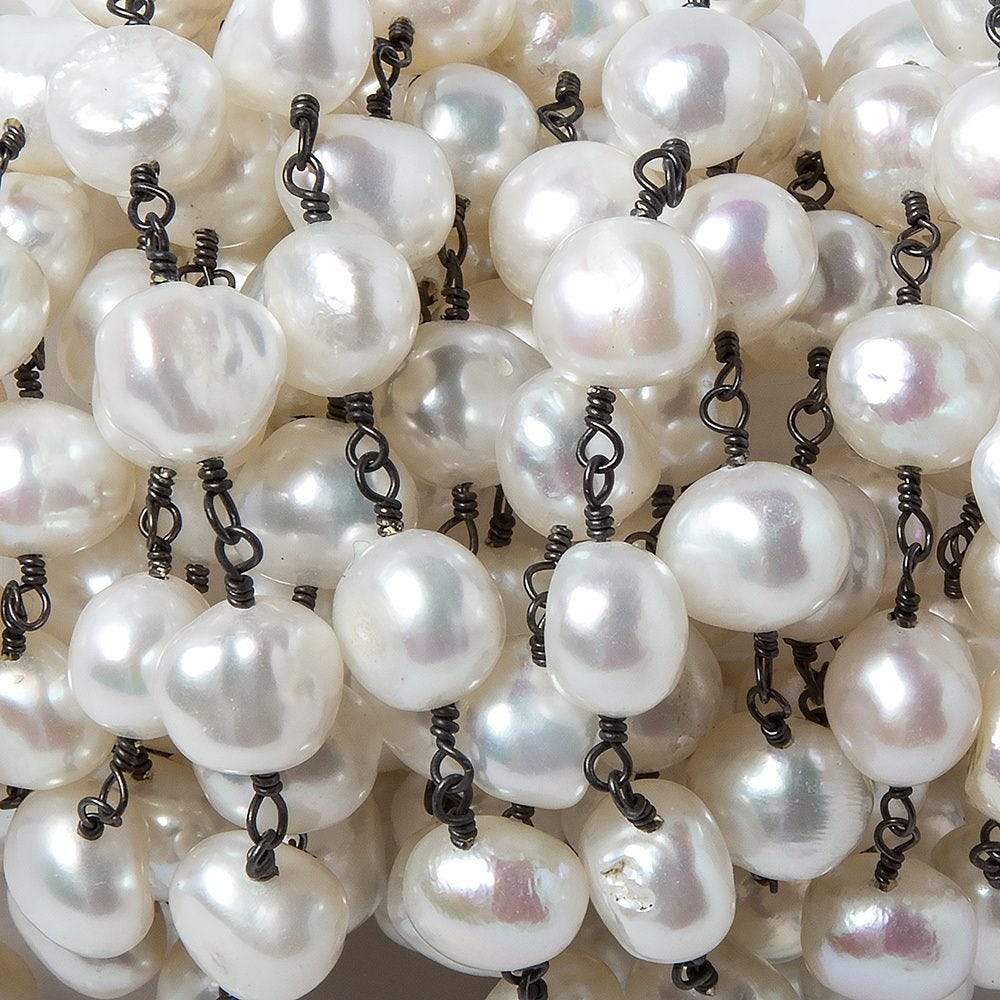 9x7mm White Side Drilled Baroque Pearl Black Gold plated Silver Chain 22 pieces - Beadsofcambay.com