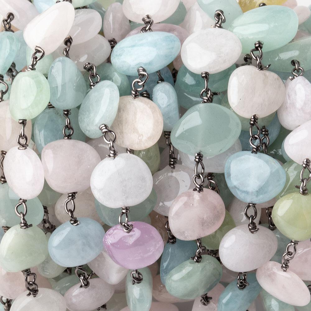 9x8-10x7mm Multi Beryl Plain Nuggets on Black Gold .925 Silver Chain by the Foot - Beadsofcambay.com