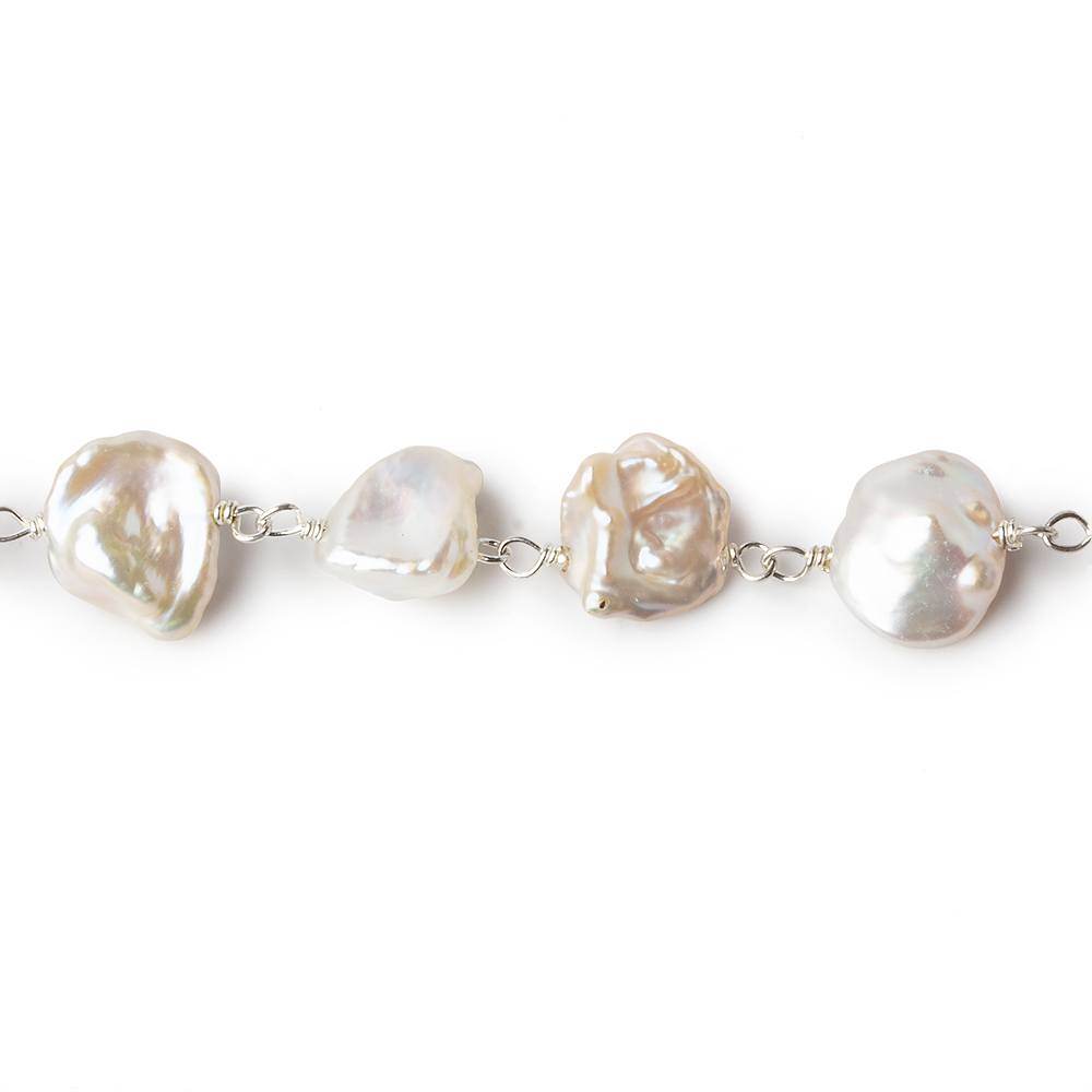 9x8mm Off White Keshi Side Drilled Pearl .925 Silver Chain by the foot 24 pearls - Beadsofcambay.com