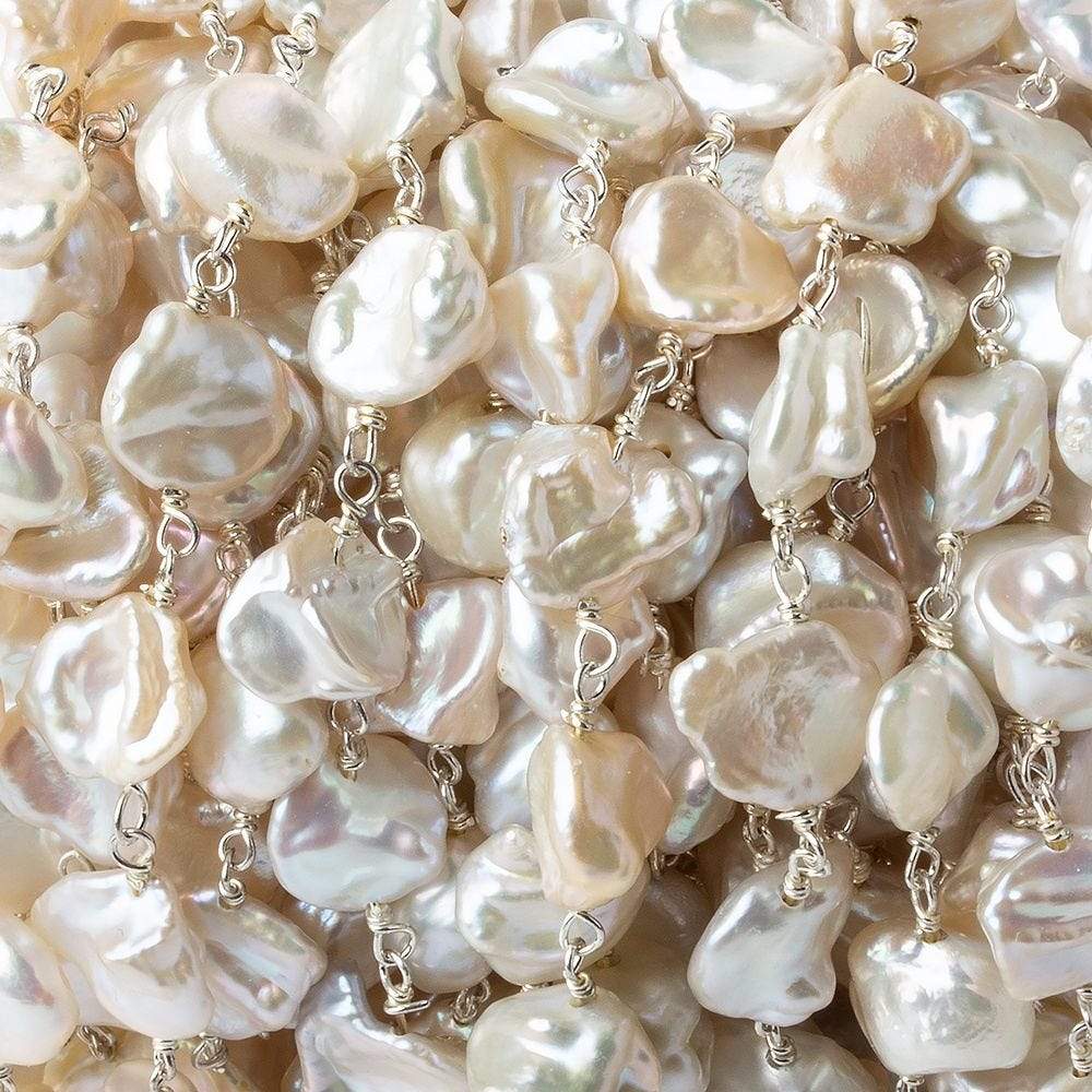 9x8mm Off White Keshi Side Drilled Pearl .925 Silver Chain by the foot 24 pearls - Beadsofcambay.com