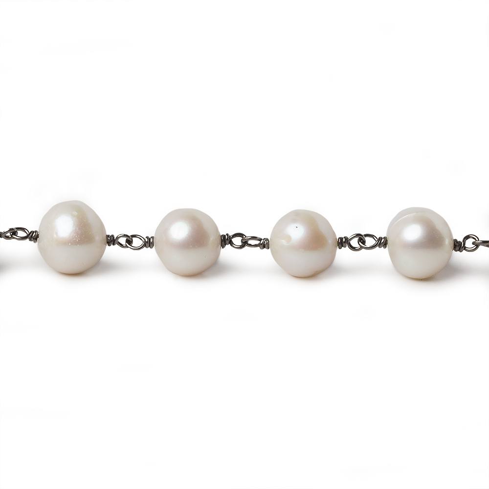 9x8mm Off White Off Round Pearl Black Gold .925 Silver Chain by the foot 22 pcs - Beadsofcambay.com