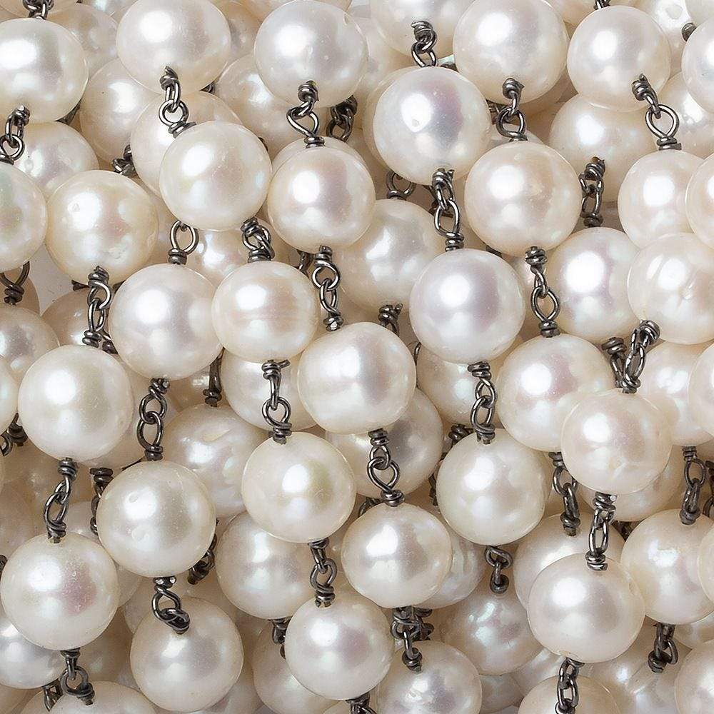 9x8mm Off White Off Round Pearl Black Gold .925 Silver Chain by the foot 22 pcs - Beadsofcambay.com