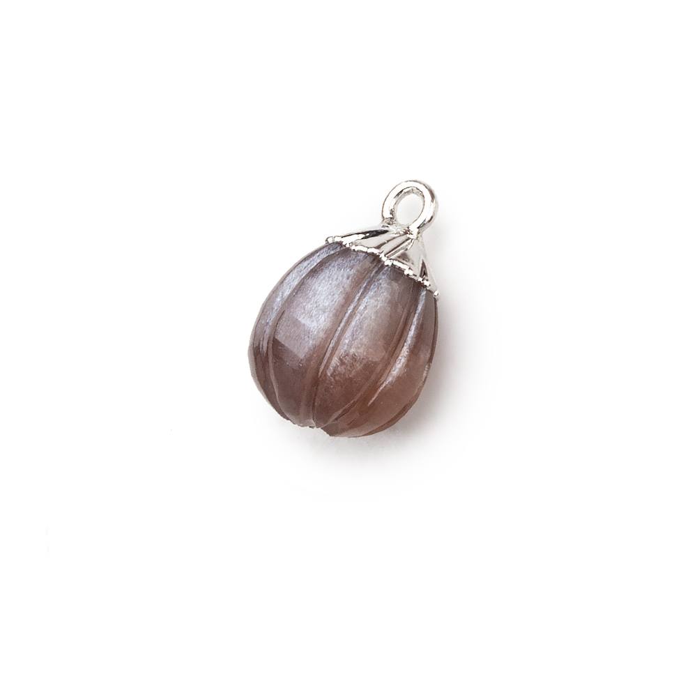 9x8mm Silver Leafed Chocolate Brown Moonstone Carved Melon focal bead Pendant sold as 1 piece - Beadsofcambay.com