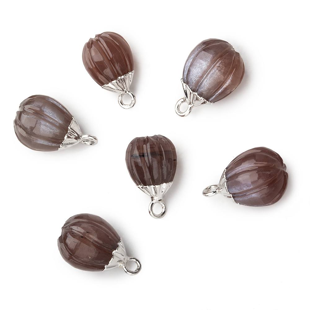 9x8mm Silver Leafed Chocolate Brown Moonstone Carved Melon focal bead Pendant sold as 1 piece - Beadsofcambay.com