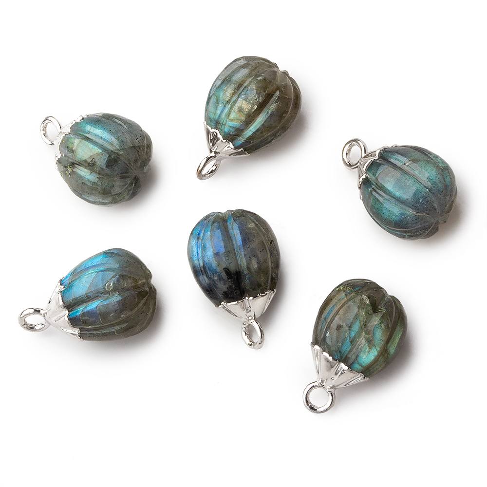 9x8mm Silver Leafed Labradorite Carved Melon focal bead Pendant sold as 1 piece - Beadsofcambay.com