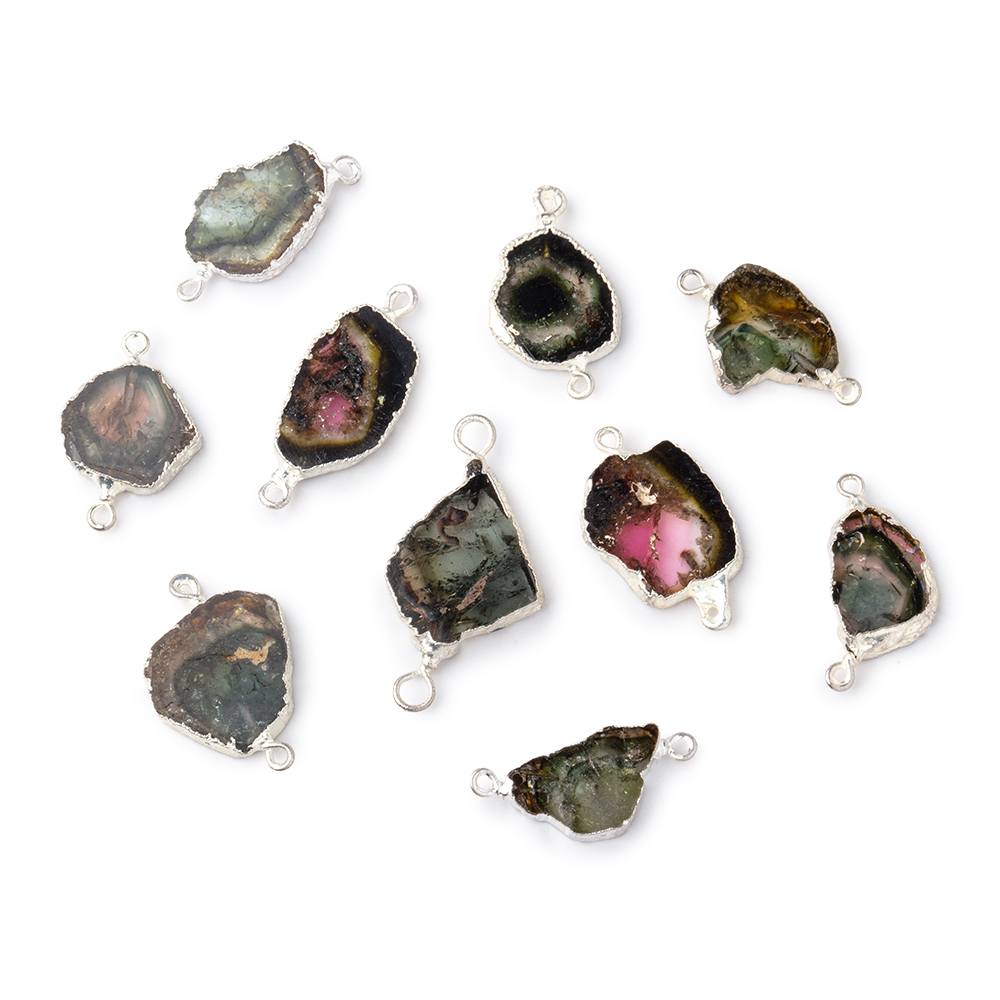 9x9-12x11mm Silver Leafed Tourmaline Natural Crystal Slice 1 Connector Focal - Beadsofcambay.com