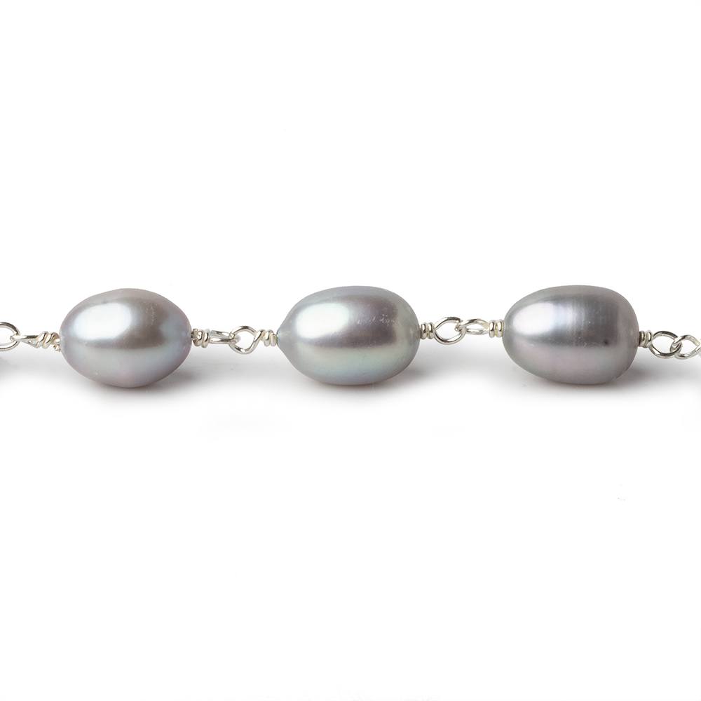 AAA 10x7mm Silver Oval Freshwater Pearl Silver .925 Chain by the foot - Beadsofcambay.com