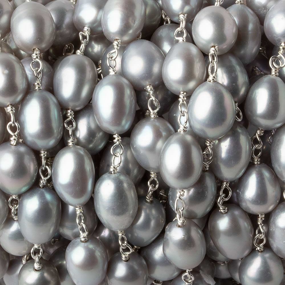 AAA 10x7mm Silver Oval Freshwater Pearl Silver .925 Chain by the foot - Beadsofcambay.com