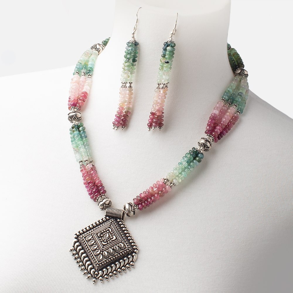 Afghani Tourmaline Antiqued Silver Necklace and Earring Set - Beadsofcambay.com