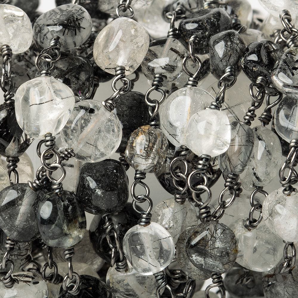 Black Tourmalinated Quartz plain coin Black Gold plated Chain by the foot - Beadsofcambay.com