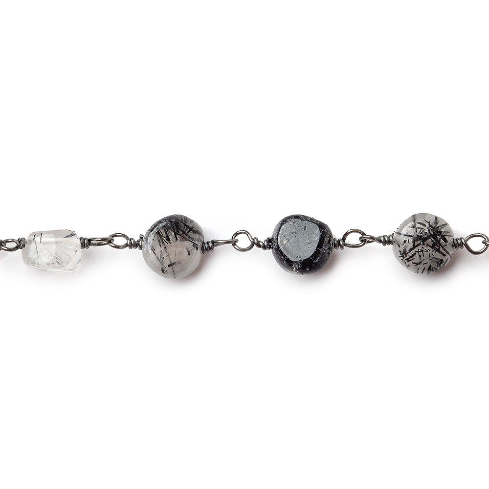 Black Tourmalinated Quartz plain coin Black Gold plated Chain by the foot - Beadsofcambay.com