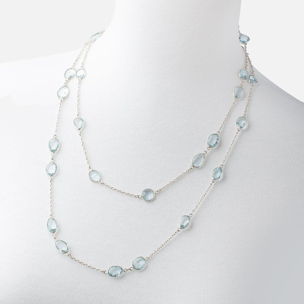 Blue Topaz Faceted Nugget .925 Silver Bezel Chain Necklace AAA - Beadsofcambay.com