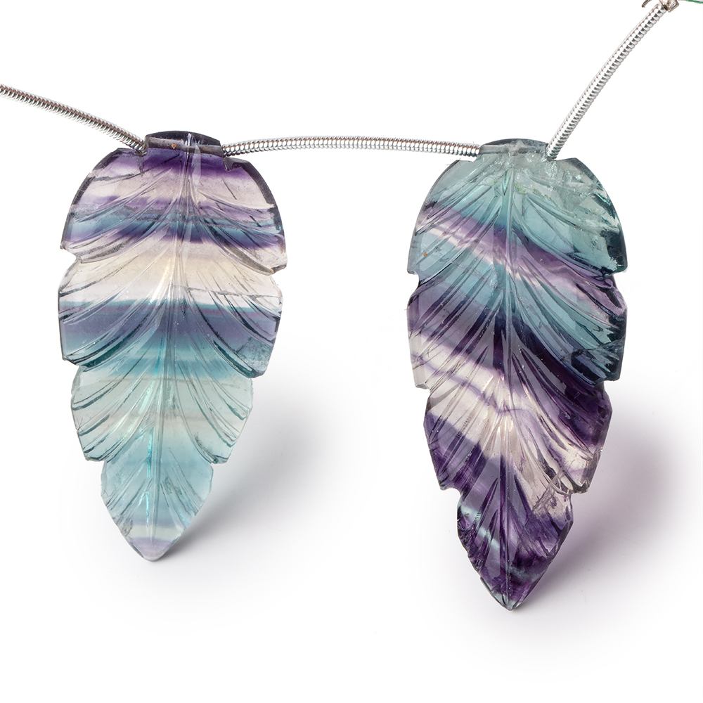 Fluorite Hand Carved Leaf Focal Set of 2 Beads AAA - Beadsofcambay.com
