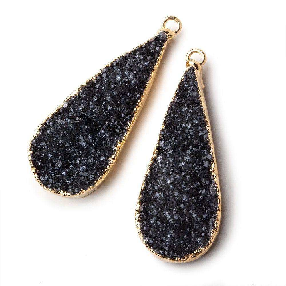 Gold Leafed Black Pear Drusy Pendant Matched Set 2 pieces 35x15x4.5mm A Grade - Beadsofcambay.com