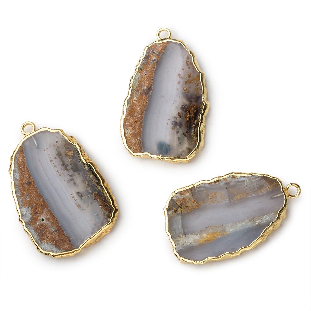 Gold Leafed Blue Chalcedony & Matrix plain slice Pendant 1 focal bead 27x18mm - Beadsofcambay.com
