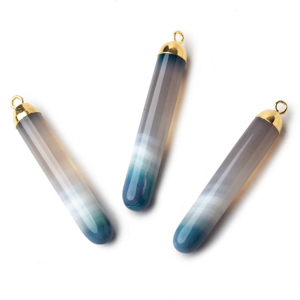 Gold Leafed Teal Banded Agate Cylindrical Tube Pendant 1 focal bead 40x7mm - Beadsofcambay.com