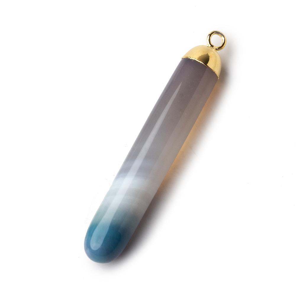 Gold Leafed Teal Banded Agate Cylindrical Tube Pendant 1 focal bead 40x7mm - Beadsofcambay.com