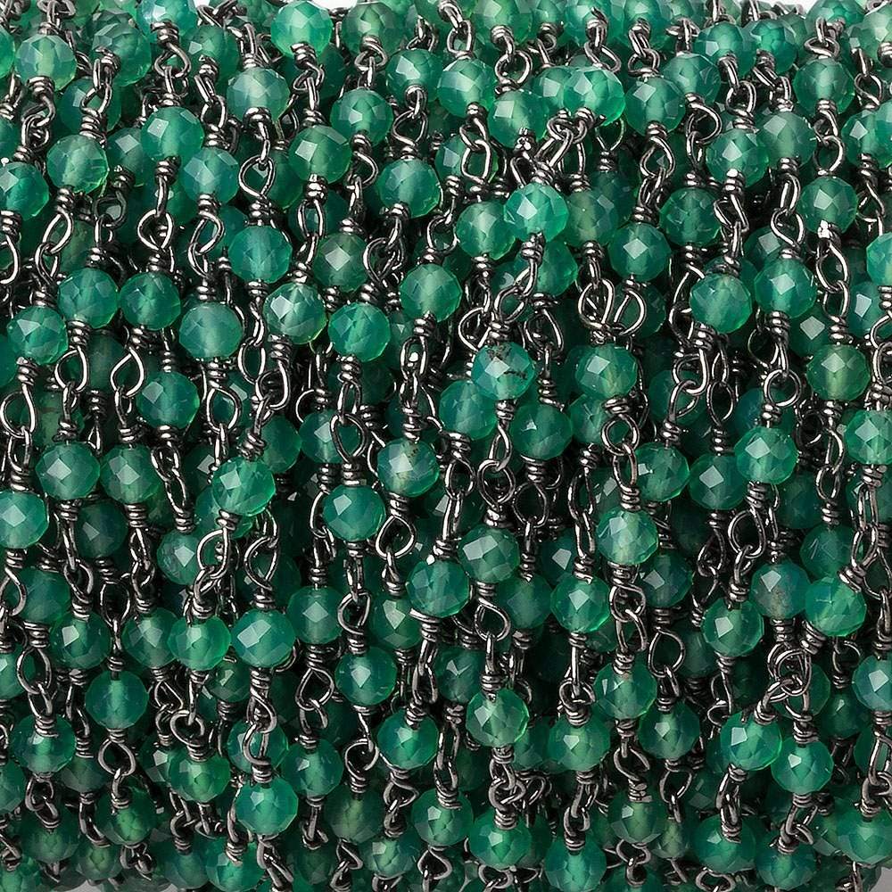 Green Onyx micro-faceted rondelle Black Gold plated Chain by the foot 40 beads - Beadsofcambay.com