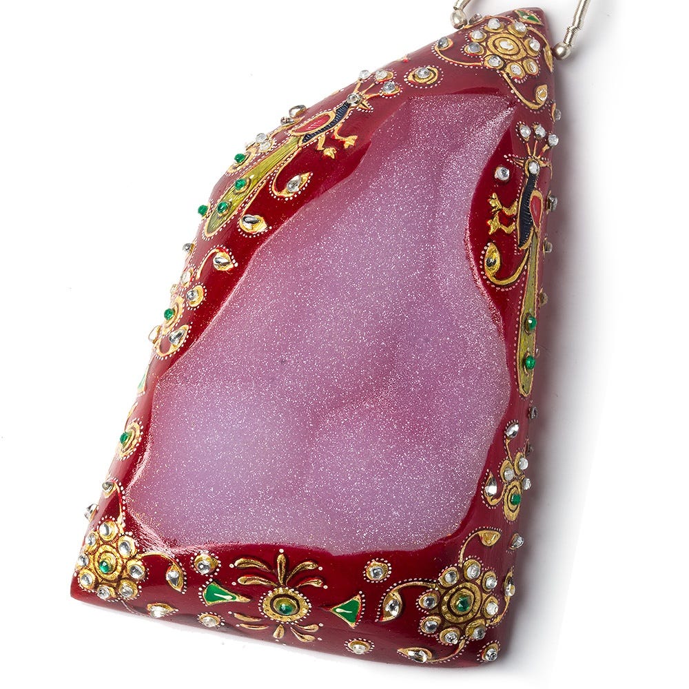 Hand Painted Floral Marsala Red Drusy with Rhinestones 3.25x2.0 inch - Beadsofcambay.com