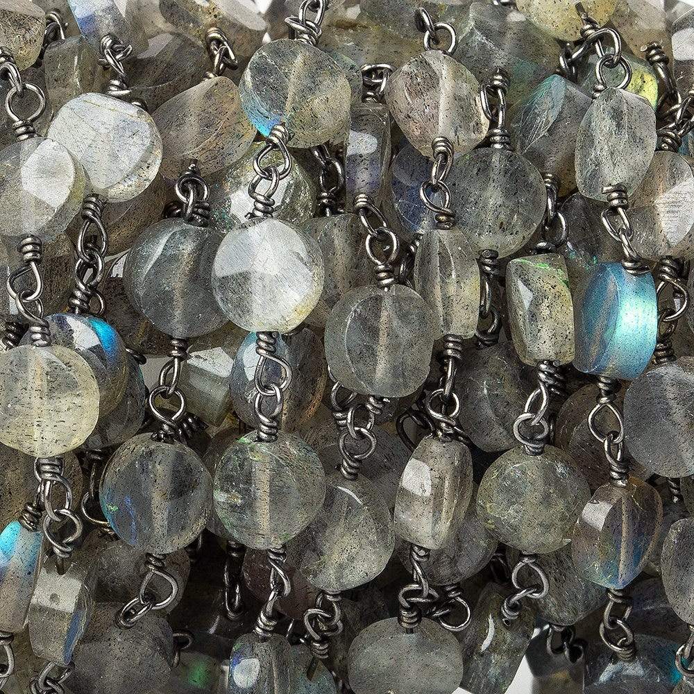 Labradorite faceted coin Black Gold plated Chain by the foot 30 beads - Beadsofcambay.com
