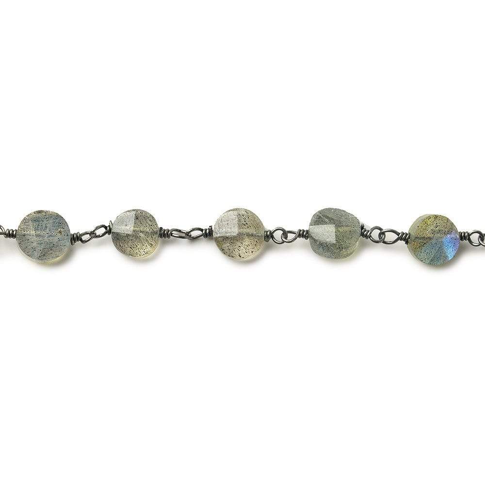 Labradorite faceted coin Black Gold plated Chain by the foot 30 beads - Beadsofcambay.com