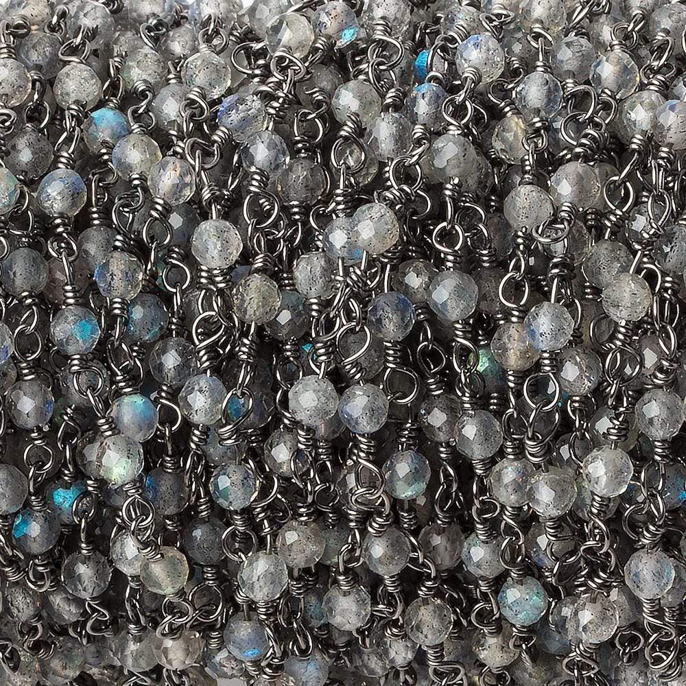 Labradorite micro-faceted rondelle Black Gold plated Chain by the foot 40 beads - Beadsofcambay.com