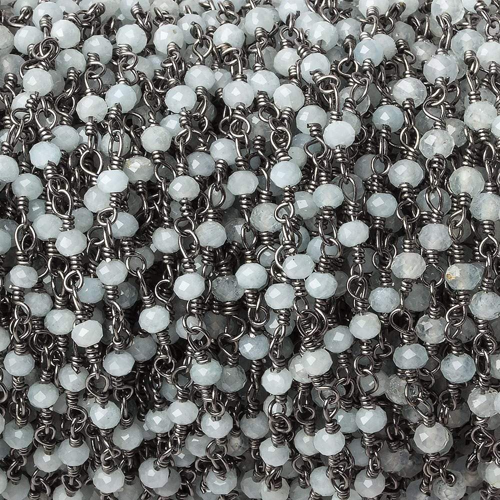 Milky Aquamarine micro-faceted rondelle Black Gold plated Chain by the foot 40 beads - Beadsofcambay.com